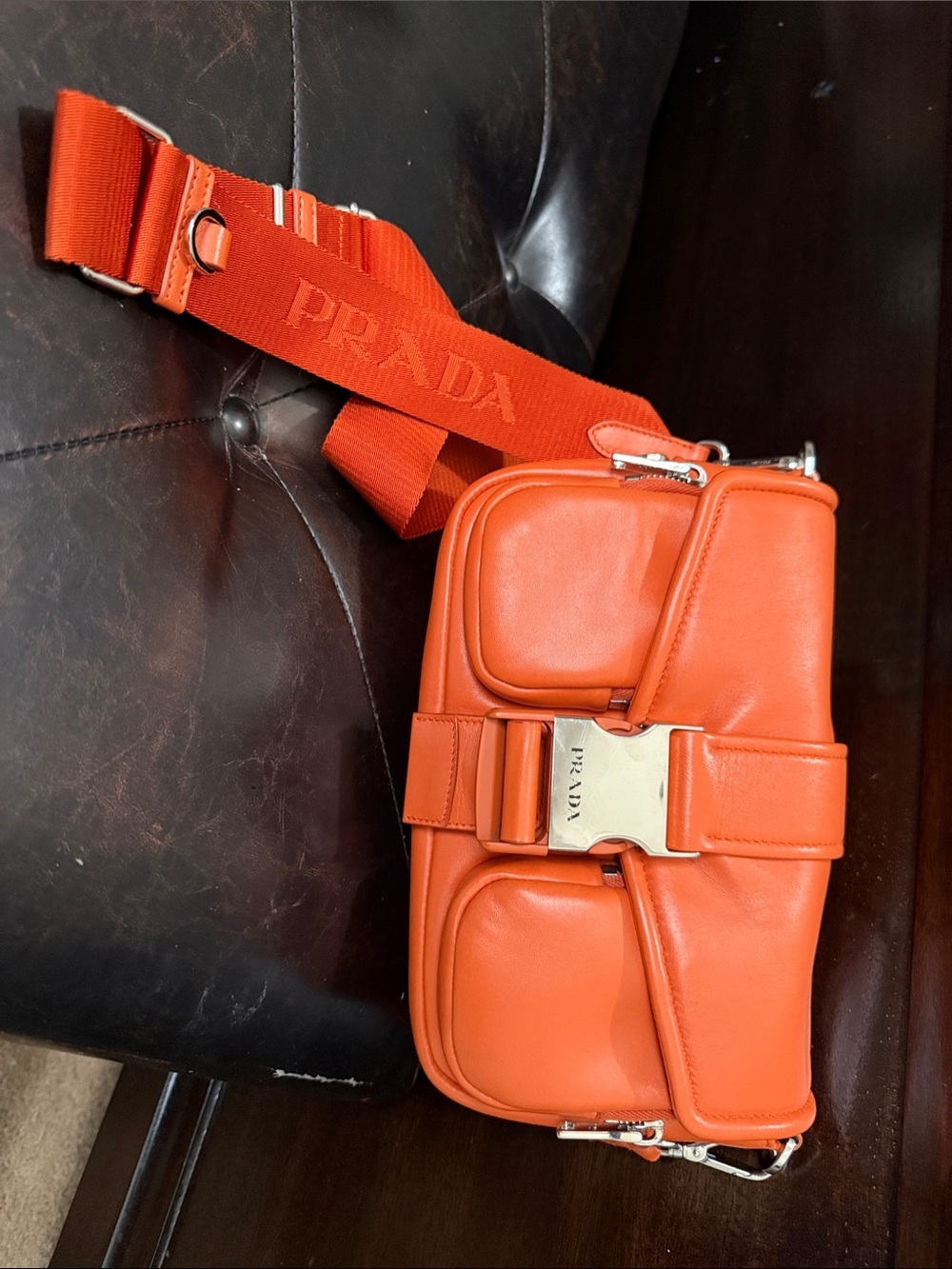 Prada Orange Leather Crossbody with Logo Strap and Buckle